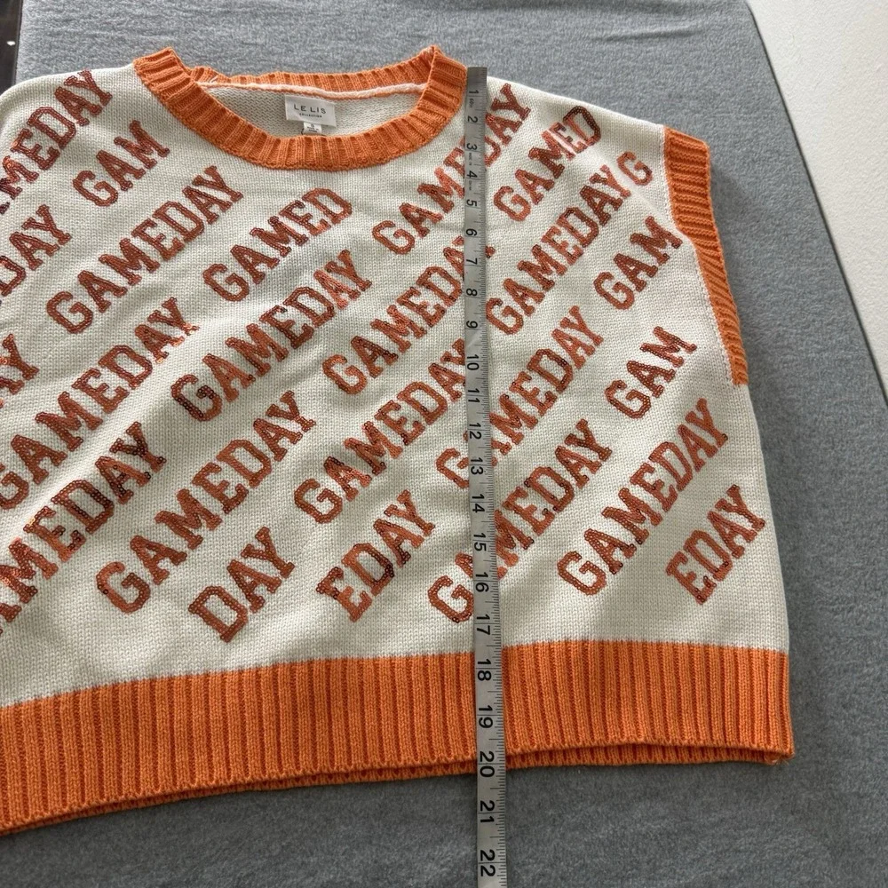 New Le Lis Game Day Sequin Orange White Boxy Sweater Short Sleeve Women's Small